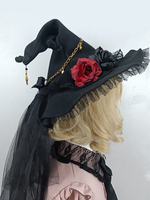 Cappello Gothic Lolita Fiori Neri Catene Balze Accessorio Poliestere Accessori Lolita