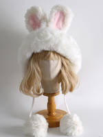 Cappello Lolita Dolce con Orecchie da Coniglio Bianco Pompon Peluche Caldi Accessori Lolita