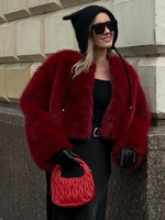 Cappotti in pelliccia sintetica rossi con vita rialzata maniche lunghe da donna