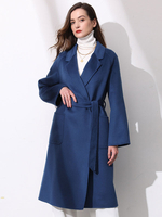 Cappotto Avvolgente Blu Misto Lana Water Ripple Cappotto Risvolto Vestibilità Comoda Capispalla Midi Autunno Inverno Classico Con Cintura Per Le Donne