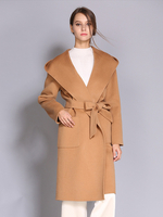 Cappotto avvolgente con cappuccio 100% lana Cammello Risvolto Vestibilità rilassata Grandi tasche Cappotto caldo classico con cintura Autunno Inverno Capispalla midi per donna