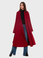 Cappotto avvolgente in misto lana e cashmere bordeaux per donna con risvolto elegante con cintura double face invernale 2025