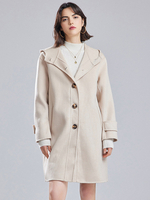 Cappotto con cappuccio 100% Lana Merino Australiana Ecru Bianco Risvolto Vestibilità Comoda Tasche Grandi Stile Preppy Cappotto Caldo Autunno Inverno Midi Capispalla Per Le Donne