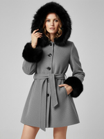 Cappotto con cappuccio in misto lana con cintura e polsini in pelliccia sintetica nera per donna 2026