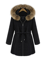 Cappotto da donna con cappuccio e tasche con collo in pelliccia Cappotto casual irregolare nero a portafoglio