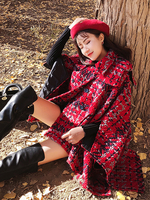 Cappotto da donna rosso con collo alto maniche lunghe bottoni bicolore a strati casual maxi cappotto