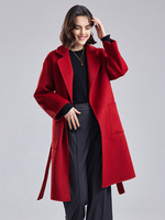 Cappotto di lana Borgogna 100% lana merino australiana Vestibilità rilassata Risvolto Tasche grandi Soprabito Classico con cintura Autunno Inverno Capispalla midi per donna