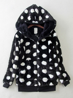 Cappotto di pelliccia ecologica finta pelle nero con 4 bottoni incappucciato maniche lunghe a pois da uscita serale