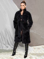 Cappotto di pelliccia sintetica di peluche marrone chiaro maniche lunghe anteriore aperta tinta unita casual imitazione pile di agnello inverno capispalla midi per le donne