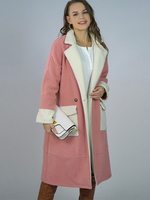 Cappotto Donna Cappotto In Lana Rosa Casual Con Colletto Risvolto Bicolore