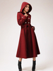 Cappotto doppiopetto in lana con cappuccio bordeaux con cintura invernale lungo per donna 2025