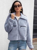 Cappotto in finta felpa con cappuccio blu grigio manica lunga con zip vestibilità comoda casual autunno inverno Teddy capispalla per donna