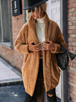 Cappotto in finta peluche in peluche marrone caffè tinta unita aperto sul davanti Autunno Inverno in pelliccia sintetica da strada per le donne