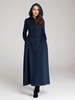 Cappotto in misto lana con cappuccio blu navy scuro svasato lungo per donna 2025