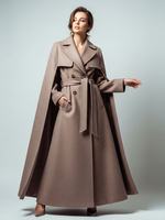 Cappotto lungo doppiopetto in lana con mantello staccabile e cintura per donna 2026