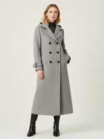 Cappotto lungo in lana doppiopetto con cappuccio e polsini con linguette per donna 2026