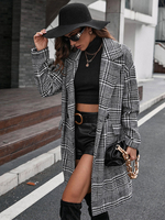 Cappotto Per Donna Nero Collo Turndown Maniche Lunghe Cappotto Classico Avvolgente Scozzese