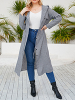 Cappotto taglie forti per donna Cappotto lungo al ginocchio con coulisse in poliestere scozzese a maniche lunghe con cappuccio