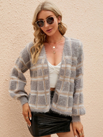 Cardigan in maglia grigio chiaro scozzese Mohair maniche lunghe scollo a V aperto davanti casual vestibilità rilassata primavera autunno capispalla per le donne
