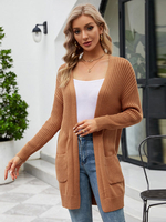 Cardigan in maglia marrone caffè maniche lunghe scollo a V aperto sul davanti primavera autunno capispalla midi per donna