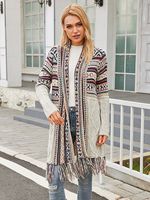 Cardigan lungo maglione aperto sul davanti Bohemian Gypsy stampa geometrica con frange Autunno lavorato a maglia capispalla per le donne