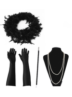 Carnevale Anni 1920 Moda Great Gatsby Accessori Flapper Donna Piume Perle Collana Tabacco da pipa Guanti Set Halloween