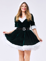 Carnevale Costume da donna di Natale con scollo a V in velluto a coste vestito da skater costumi di vacanze verde scuro Halloween