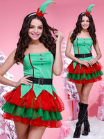 Carnevale Costume da elfo natalizio verde da donna corto senza spalline vestito 4 pezzi Costume Halloween