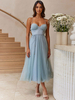 Corest Midi Dress Spaghetti Straps Gonna in Tulle con Lacci Arricciati Abiti