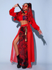 Costumi di danza jazz per le donne Corsetto in poliestere Soprabito Gonna divisa Sash Set di 4 pezzi Abbigliamento da ballo