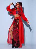 Costumi di danza jazz per le donne Corsetto in poliestere Soprabito Gonna divisa Sash Set di 4 pezzi Abbigliamento da ballo