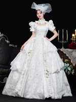 Costumi retrò bianchi da donna con stampa floreale e volant in poliestere copricapo costume retrò di Maria Antonietta abbigliamento vintage