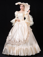 Costumi retrò bianchi ecru Costume da donna Maria Antonietta con balze in pizzo Abito tunica in poliestere Cappello Costume vintage del 18° secolo