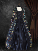 Costumi retrò in oro nero Stampa floreale per ragazza Costume di Maria Antonietta Abito in tessuto di raso con lacci Abito girocollo Costume gotico del XVIII secolo