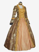 Costumi retrò marrone caffè Costume da ragazza con stampa tatuaggio con lacci Tessuto di raso Set di costumi di Maria Antonietta Abito girocollo Costume gotico del XVIII secolo