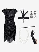 Costumi retrò neri Set di accessori in poliestere con paillettes con frange da donna Abito da ballo retrò in costume di Maria Antonietta
