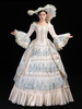 Costumi retrò verde chiaro Costume Marie Antoinette in pizzo Cappello con stampa floreale in poliestere Tunica da donna in stile europeo Abbigliamento vintage