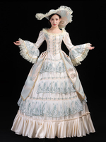 Costumi retrò verde chiaro Costume Marie Antoinette in pizzo Cappello con stampa floreale in poliestere Tunica da donna in stile europeo Abbigliamento vintage