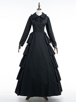 Cotone manica lunga volant Lace Costume retrò nero abito Vintage vittoriano donna Up Dress Maxi Carnevale