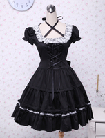 Cotone nero Lolita OP Abito manica corta con pizzo up e White Lace Trim
