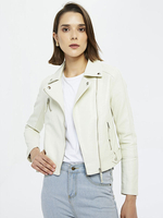 Giacca da moto in ecopelle bianca Colletto rovesciato in PU manica lunga stile fidanzato con zip Capispalla da motociclista casual primavera autunno per le donne