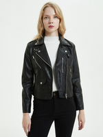 Giacca da moto in ecopelle PU Colletto rovesciato Cerniera stile fidanzato Risvolto Slim Fit Primavera Autunno Nero Capispalla da motociclista per donna