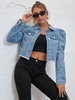 Giacca di jeans con maniche a sbuffo Colletto rovesciato Blu da cowboy Vestibilità rilassata Capispalla casual primavera autunno per le donne