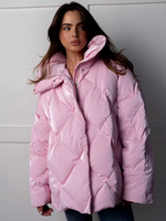 Giacca imbottita trapuntata rosa con collo rovesciato cerniera oversize casual invernale per donna 2025