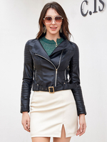 Giacca in ecopelle Cintura in PU Vita alta con zip Risvolto Primavera Autunno Street Biker Capispalla per donna