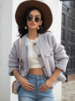 Giacca in finta peluche Cappotto grigio manica lunga girocollo vestibilità comoda con bottoni casual Autunno Inverno Teddy Capispalla per donna