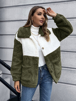 Giacca in finta peluche Hunter Green bicolore casual con bottoni manica lunga cappotto corto autunno inverno capispalla per donna