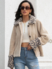 Giacca in finta peluche Khaki maniche lunghe stampa leopardata colletto turndown vestibilità rilassata casual primavera autunno street Teddy cappotto capispalla per donna
