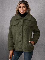 Giacca in finto peluche verde scuro in finto pile di agnello colletto con risvolto manica lunga bottone primavera autunno Teddy cappotto capispalla per le donne