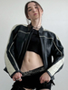 Giacca in pelle PU nera con strisce bianche collo alto cerniera oversize primaverile per donna 2025